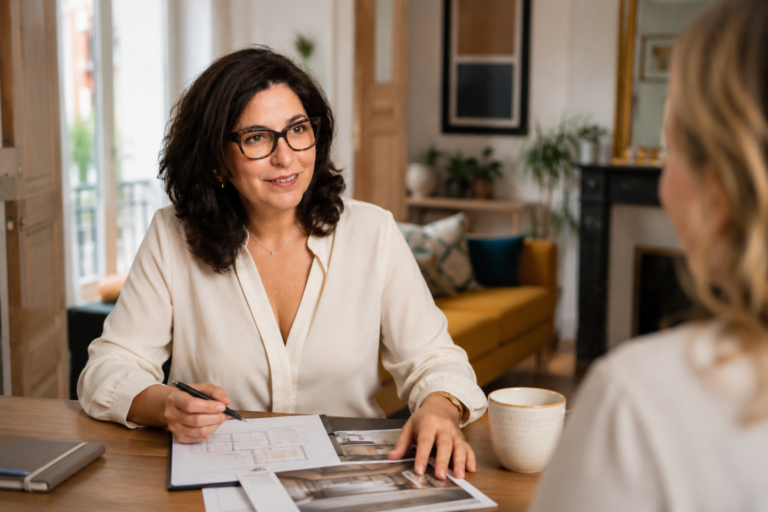Félicia Caltagirone reçoit un propriétaire lors d'un rendez-vous d'estimation immobilière à Grenoble.